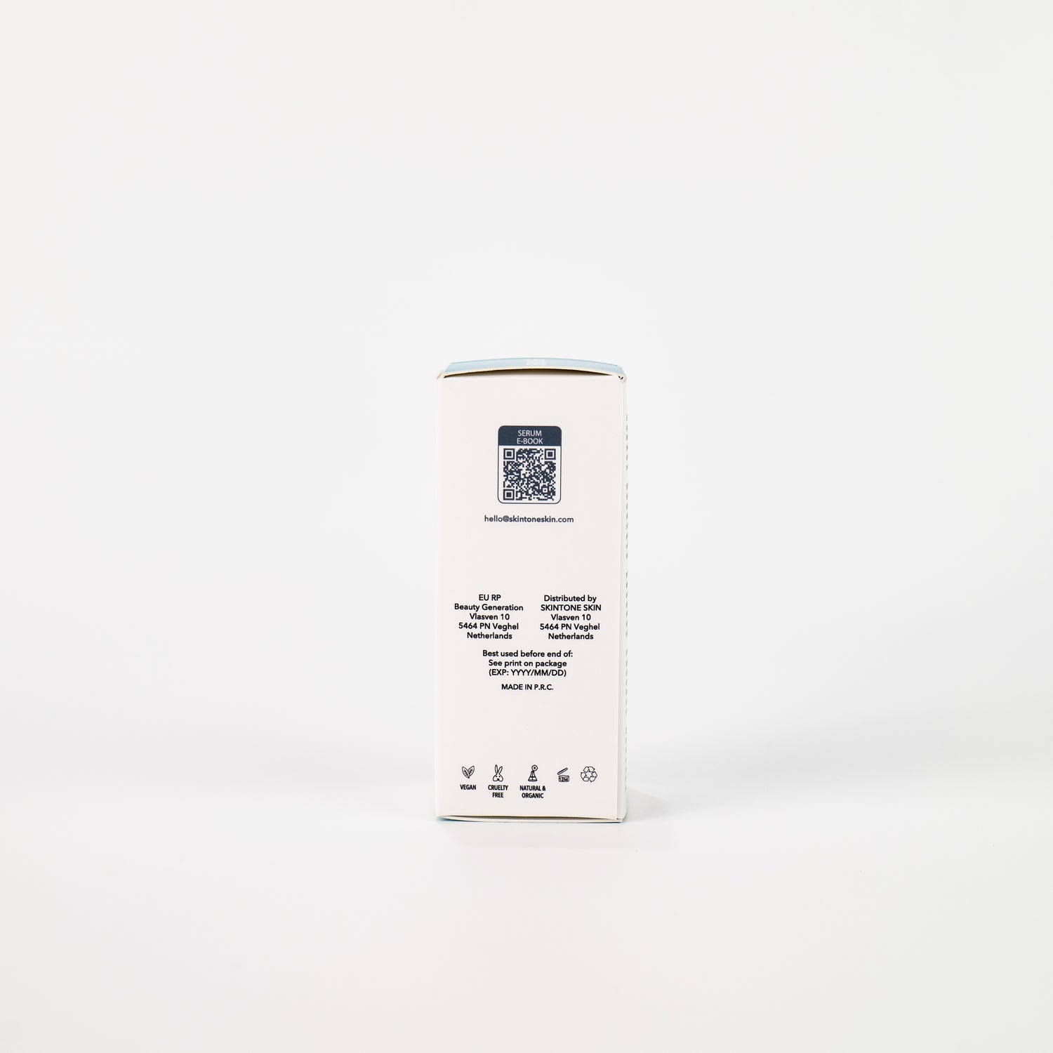SKINTONE PDRN Serum – EU-verantwoordelijke, keurmerken en QR-code op de doos