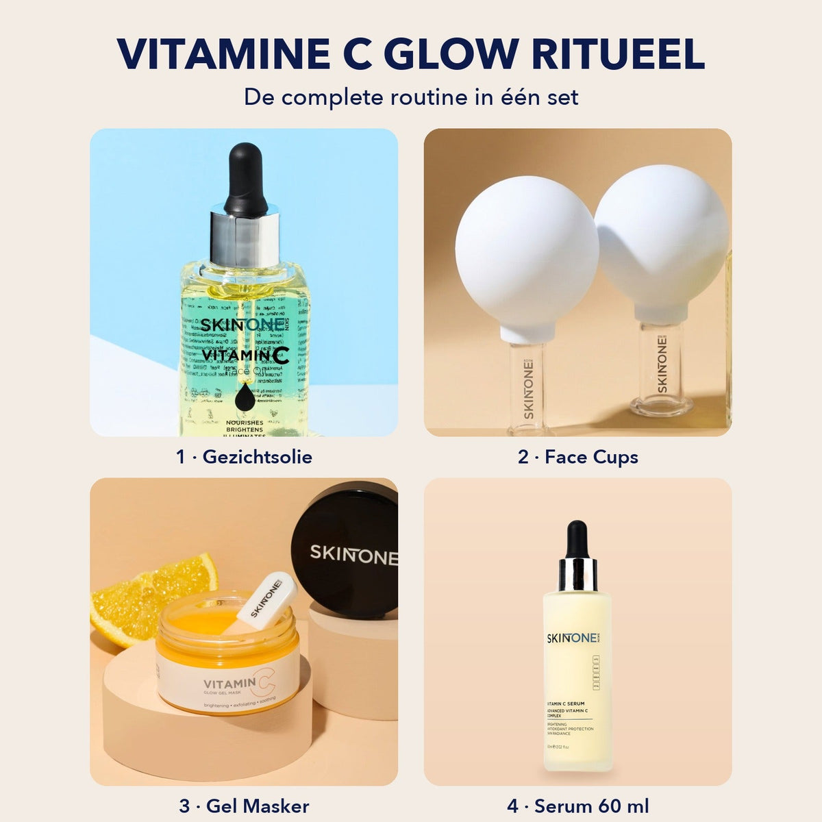 Vitamine C Glow Ritueel: gezichtsolie, face cups, gel masker en Vitamine C Serum 60 ml